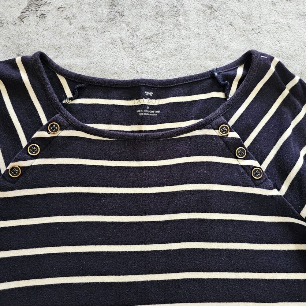 Talbots Top Women Medium Blue Pima Stripe Button Round Neck 3/4 Sleeve Nautical - Picture 2 of 10